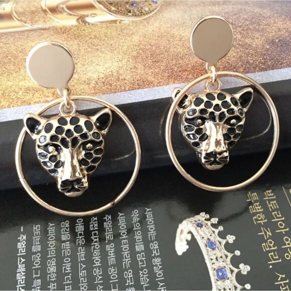 Gold Leopard Drop Dangle Hoop Earrings - Picture 4 of 5